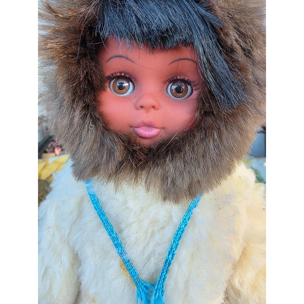 Vintage Inuit Style Doll Faux Fur Parka 11" Souvenir Folk Art Alaska AS IS